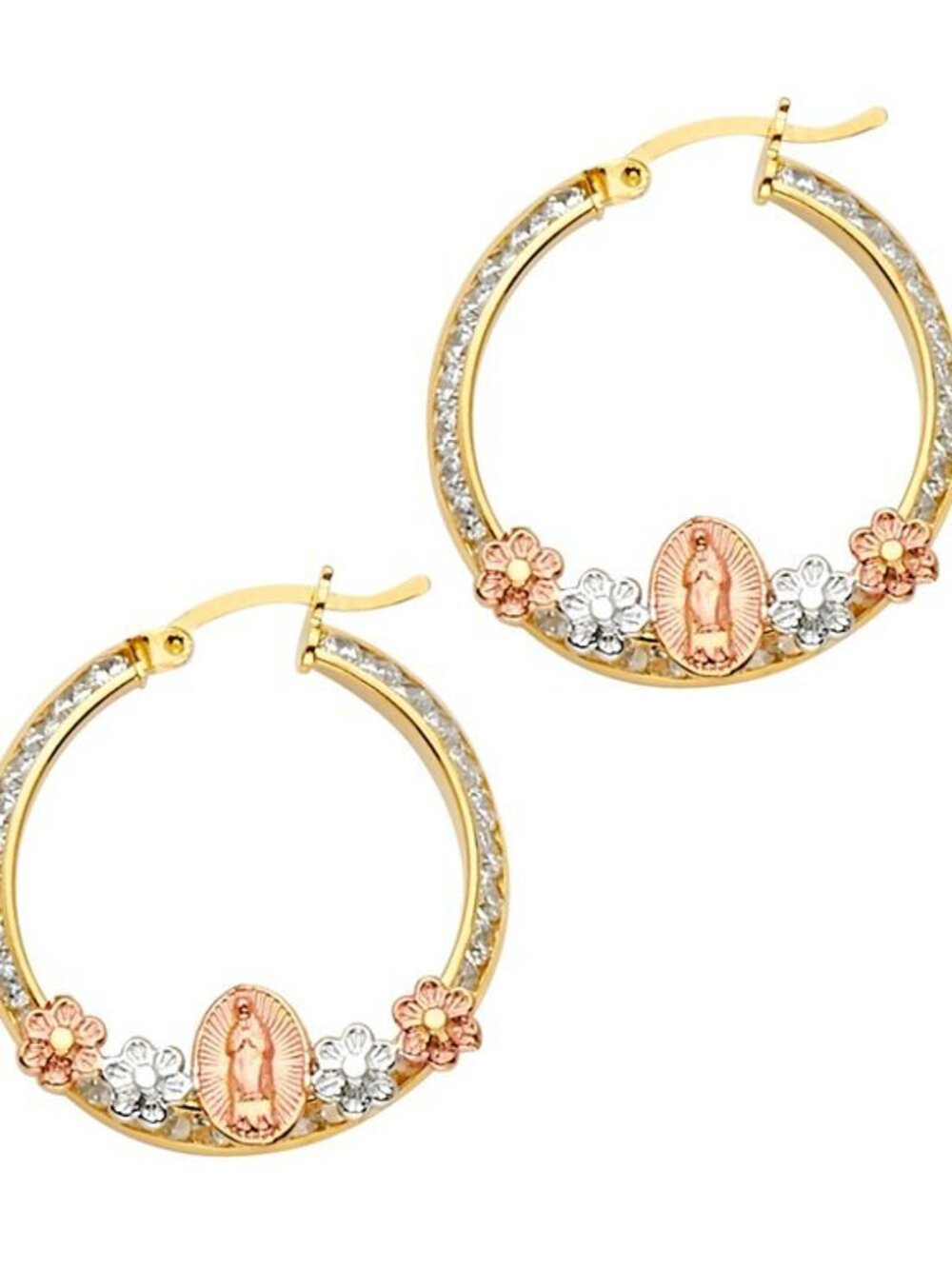 14K Gold tri color Lady Guadalupe Hoop Earrings